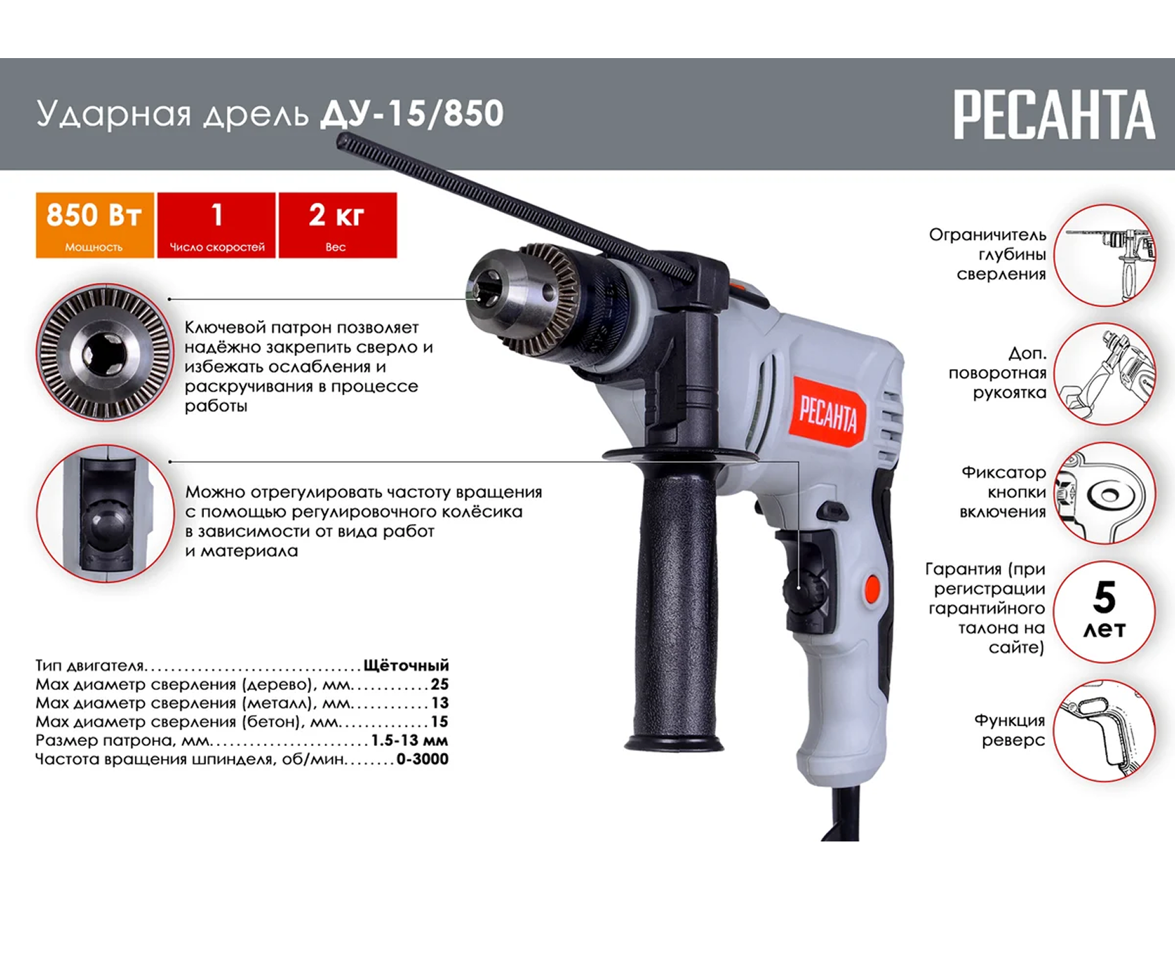 РЕСАНТА Дрель ударная ДУ-15/850