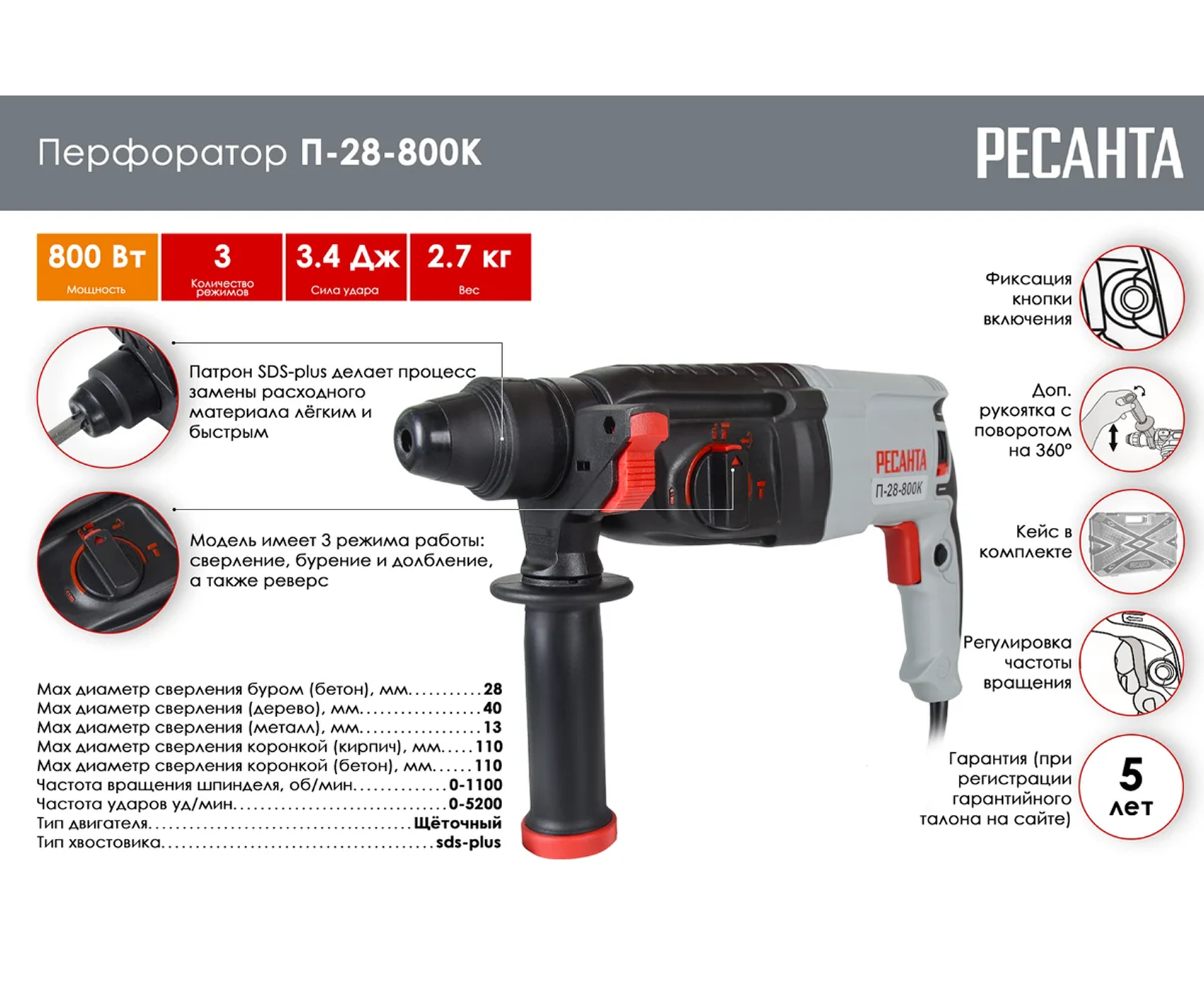 РЕСАНТА Перфоратор П-28-800К