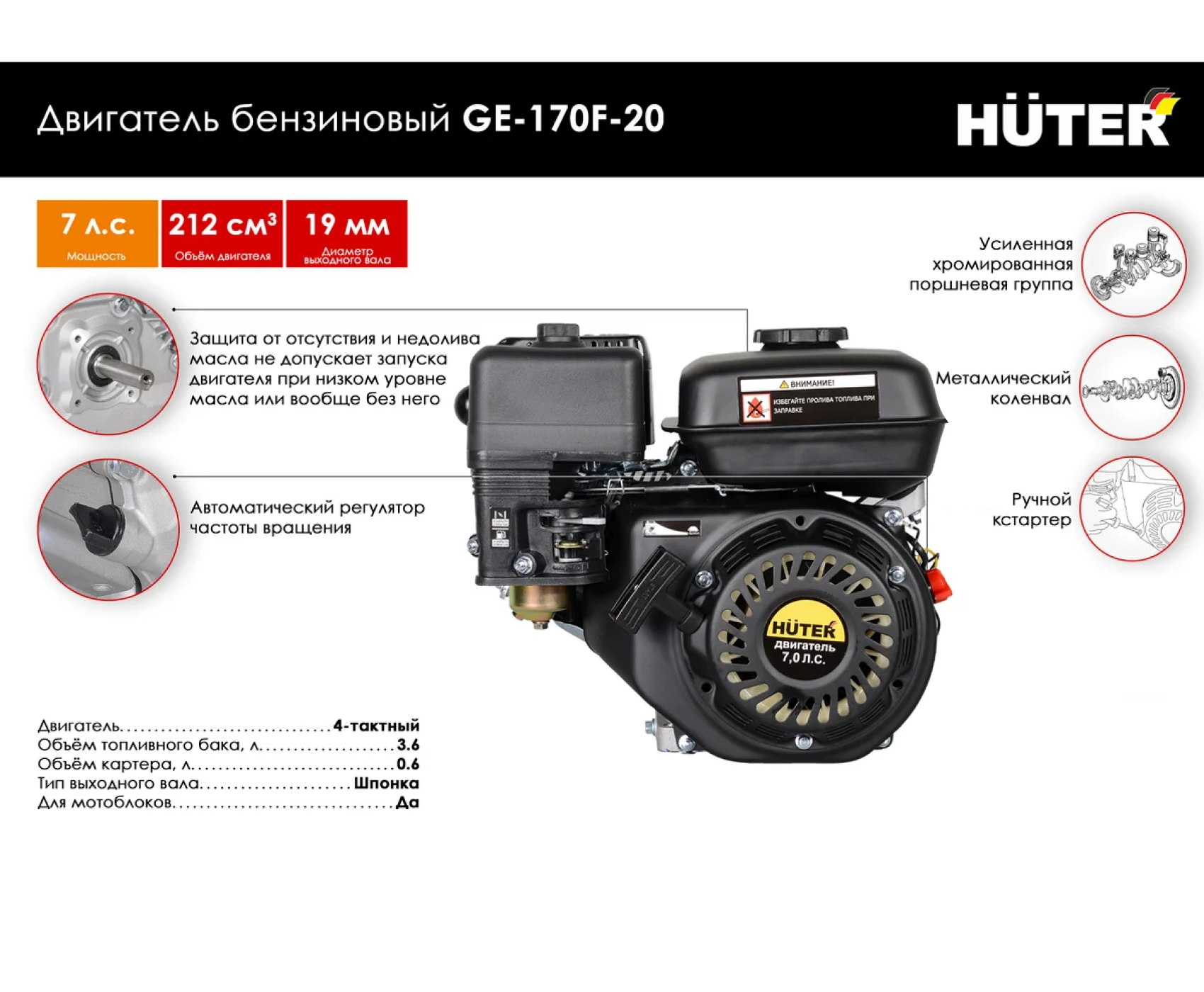 Двигатель бензиновый GE-170F-19 HUTER