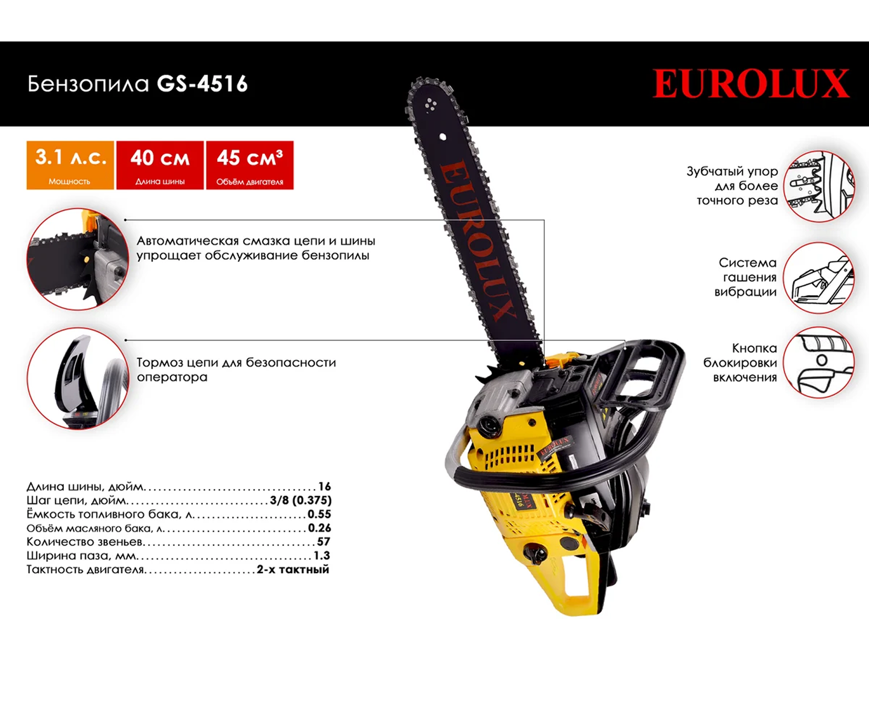 Бензопила GS-4516 Eurolux 70/6/7