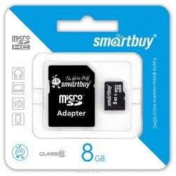 Флеш карта MicroSDHC 8Gb SMARTBUY Class10 + Адаптер RTL