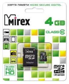 Флеш карта MicroSDHC 4Gb MIREX Class10 + Адаптер RTL