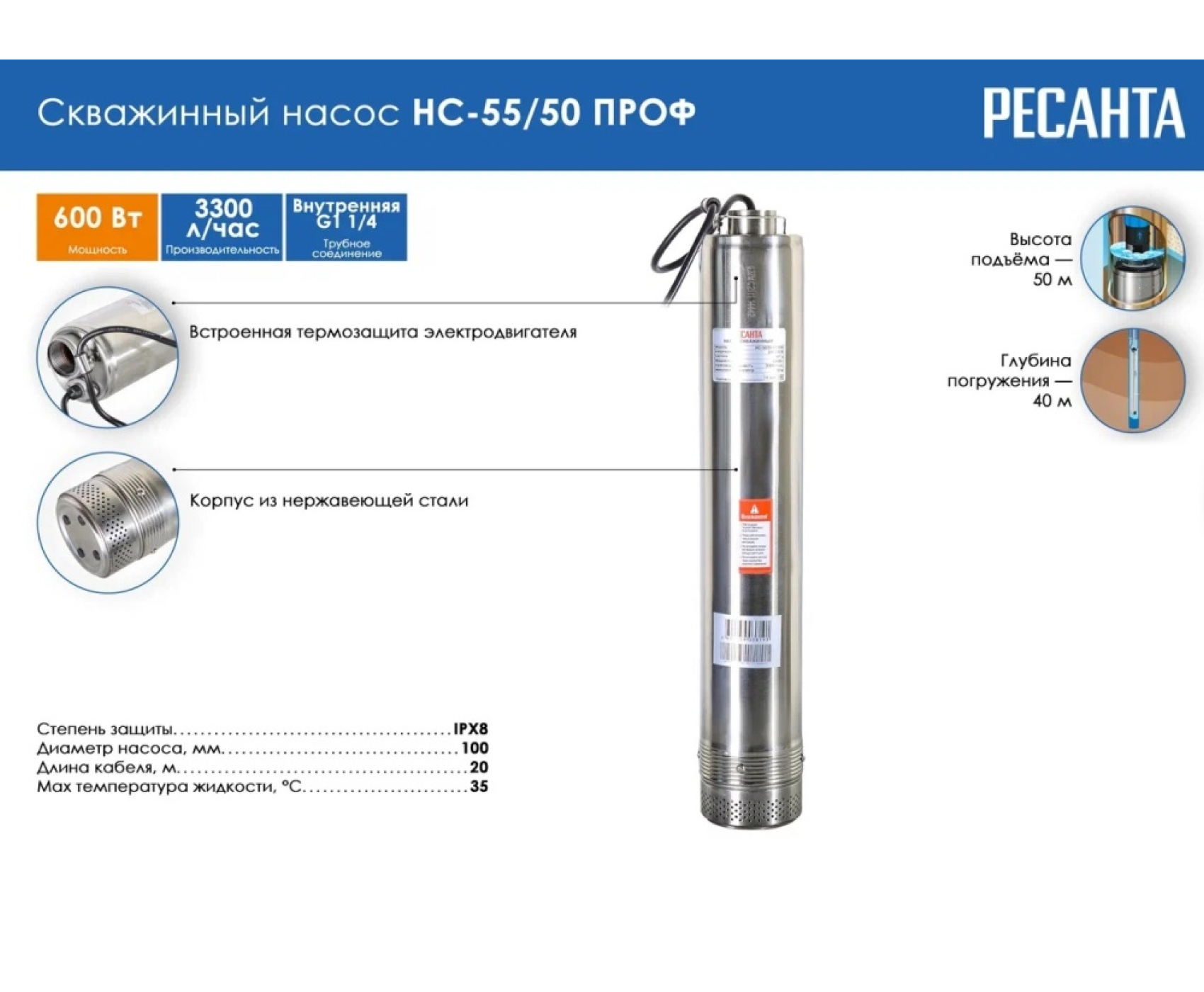 Насос Ресанта скважинный НС-55/50 ПРОФ