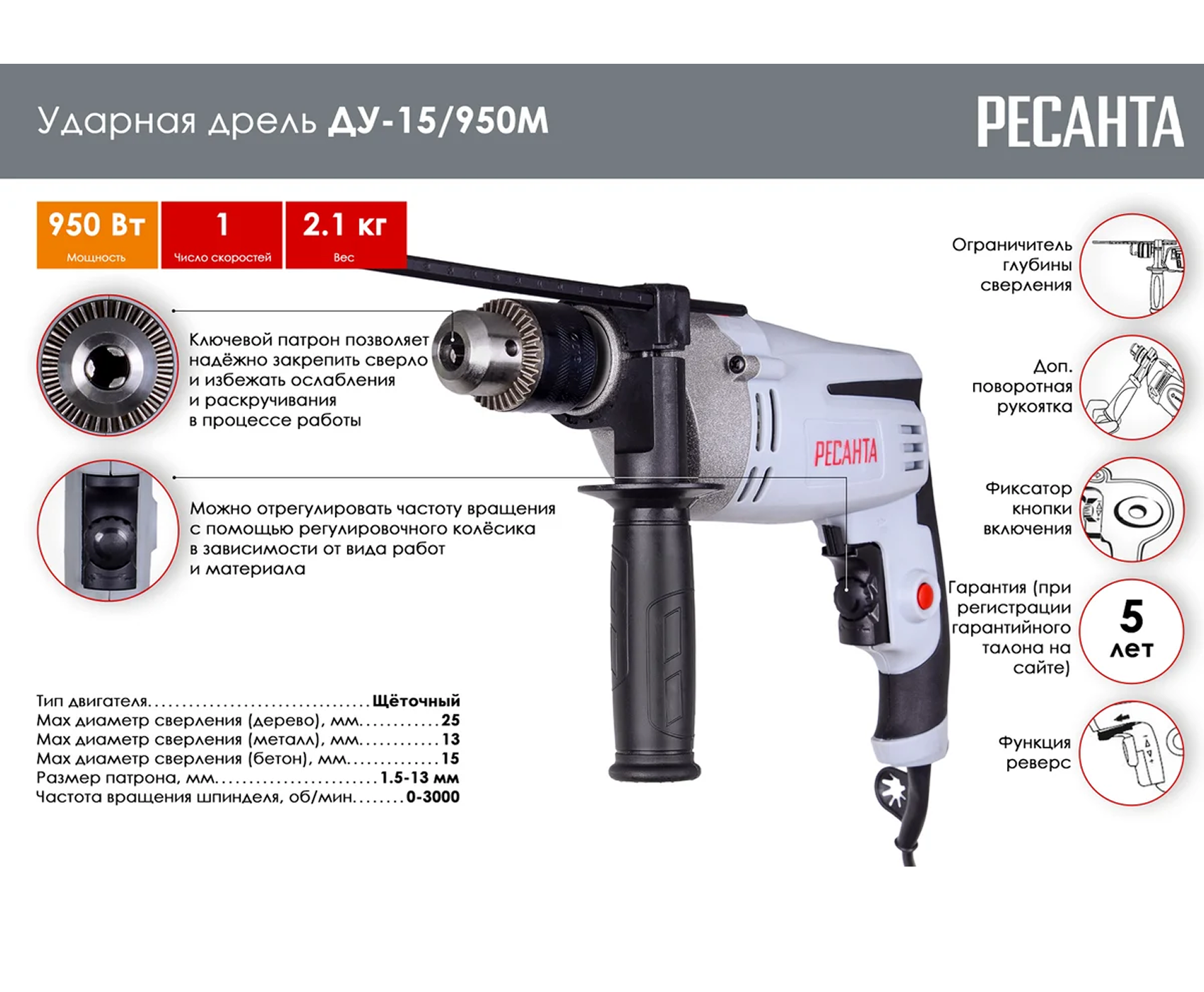 РЕСАНТА Дрель ударная ДУ-15/950М